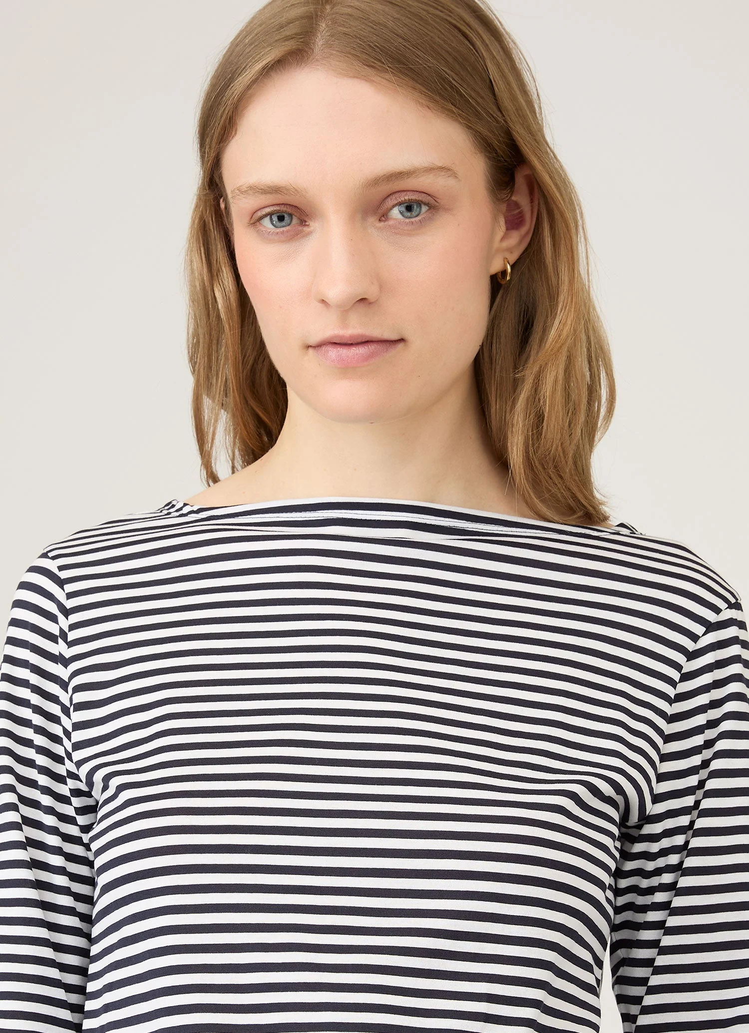 Women's Boat Neck T-shirt in White/Navy English Stripe - Image 3