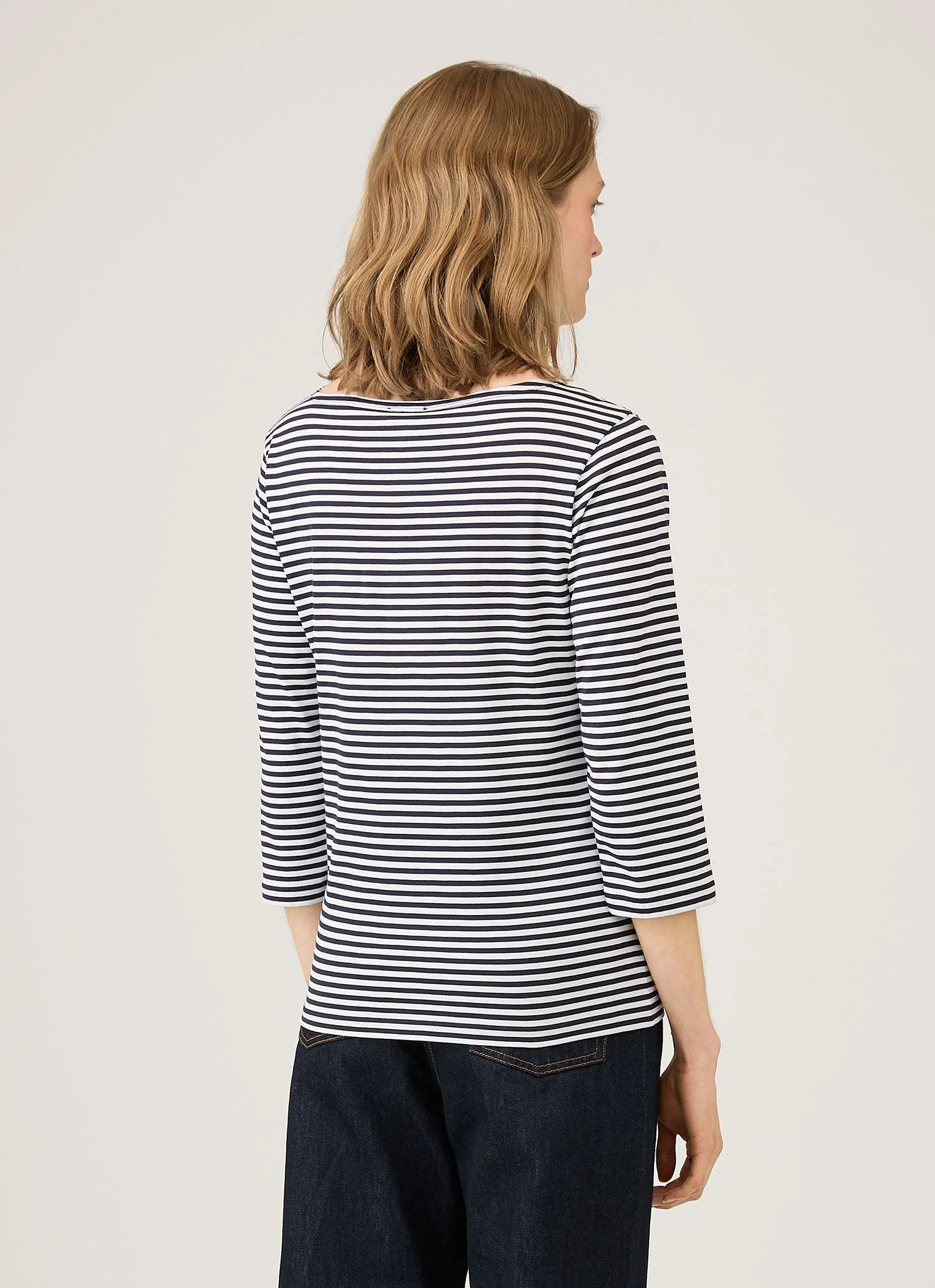 Women's Boat Neck T-shirt in White/Navy English Stripe - Image 4